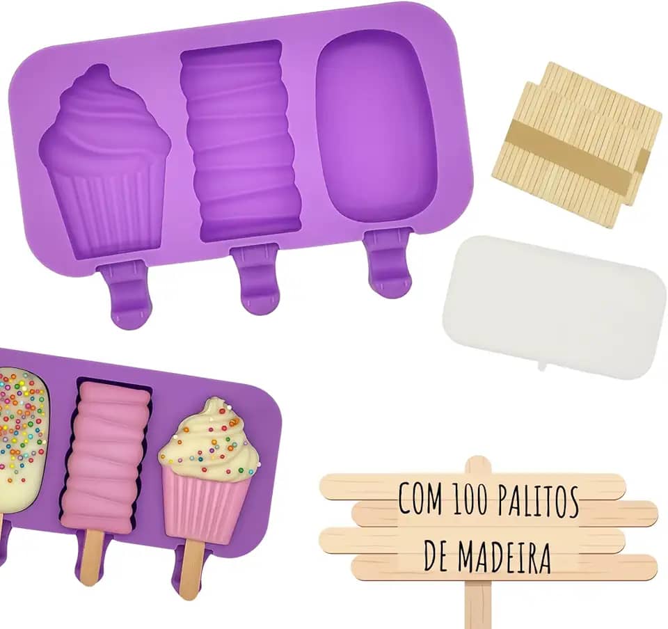 Formas de Sorvete Picole Caseiro Silicone Com 3 Cavidades Tampa 100 palitos