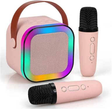 Caixinha de Som 2 Microfone Karaoke Portátil Infantil com Caixa de Som Bluetooth, Luzes LED Dinâmicas, 2 Microfones Sem Fio, Ideal para Festas, Crianças e Adultos (Rosa, 2 Microfones)
