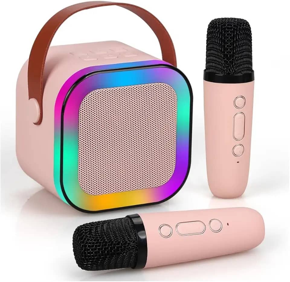 Caixinha de Som 2 Microfone Karaoke Portátil Infantil com Caixa de Som Bluetooth, Luzes LED Dinâmicas, 2 Microfones Sem Fio, Ideal para Festas, Crianças e Adultos (Rosa, 2 Microfones)