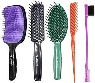Kit Escovas e Pentes para Cabelo Cacheado e Crespo – Escova Raquete Flexível e Firme + Pente 3 Fileiras Fitagem + Baby Hair 2 em 1 + Pente Profissional