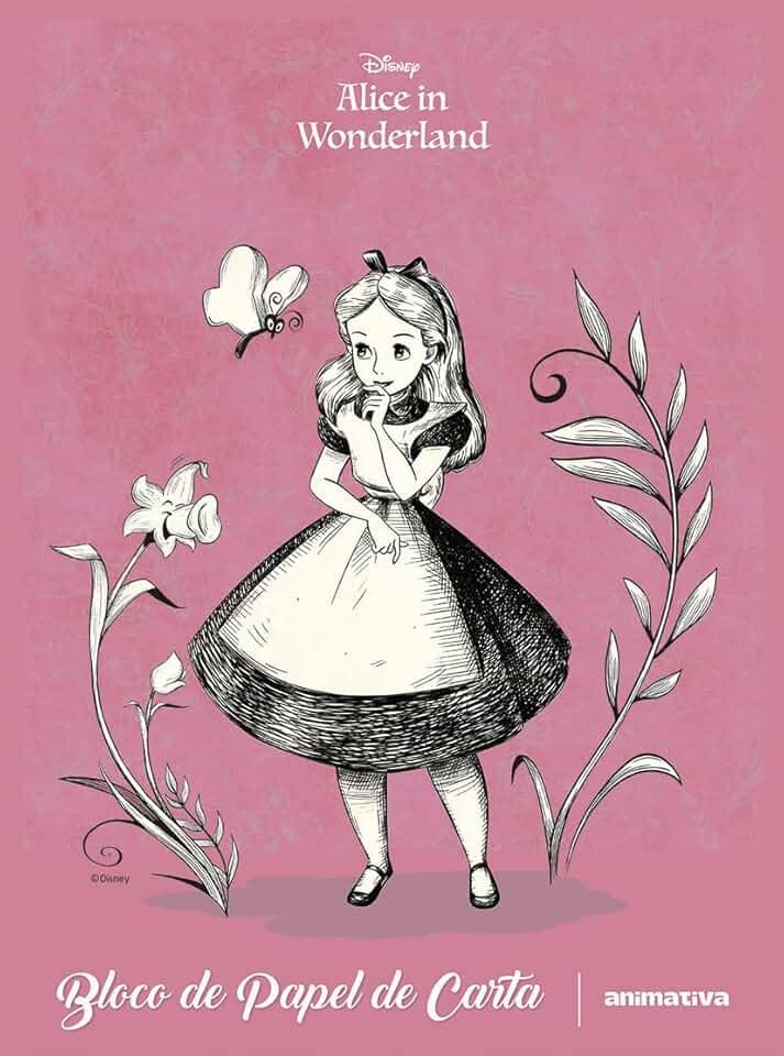 Bloco de Papel de Carta Alice no País das Maravilhas – 48 Folhas Decoradas – Gramatura 70 g/m² – Animativa