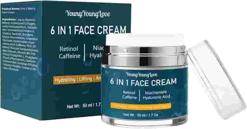 Creme facial 6 em 1 para homens com retinol, ácido hialurônico, niacinamida e cafeína, hidratante de rosto e pescoço para homens, antienvelhecimento, creme de retinol para olheiras faciais, rugas e
