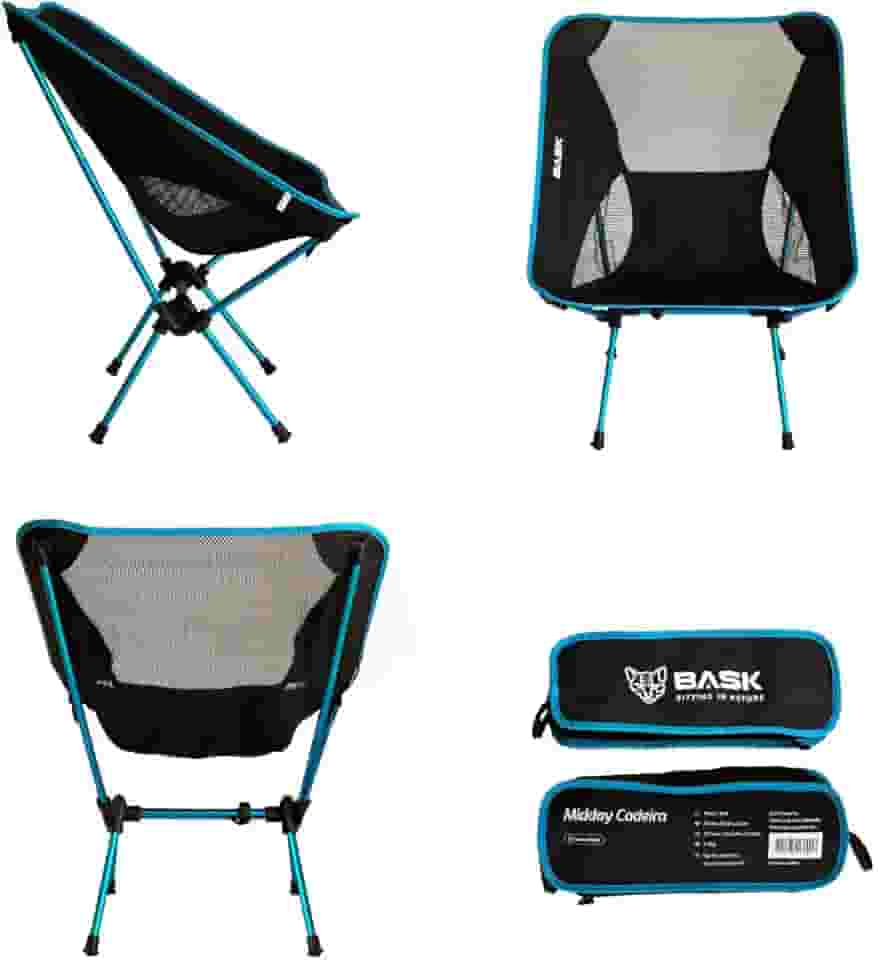 BASK Cadeira Dobrável Ultralight de Alumínio – 1 kg, Compacta 37×13 cm, 150 kg de Capacidade, Portátil para Camping, Praia e Trilhas