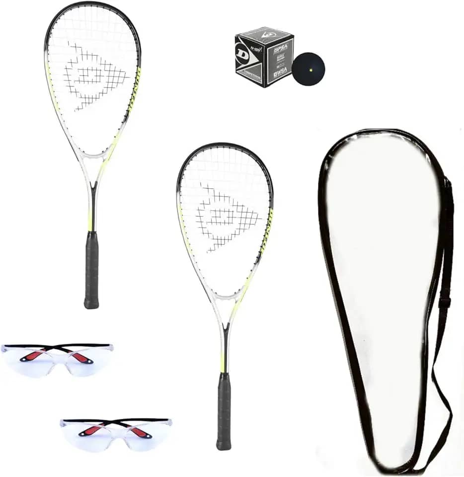 Dunlop Sports Conjunto de raquete de squash para iniciantes (inclui 2 raquetes, 2 protetores oculares, 1 bola, capa)