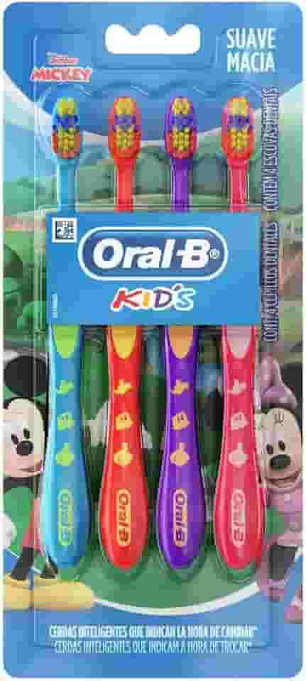 Oral B Kids, Escova de Dentes Infantil, Para uma Limpeza Completa, Cerdas Suaves, 4 Unidades, Multicolor