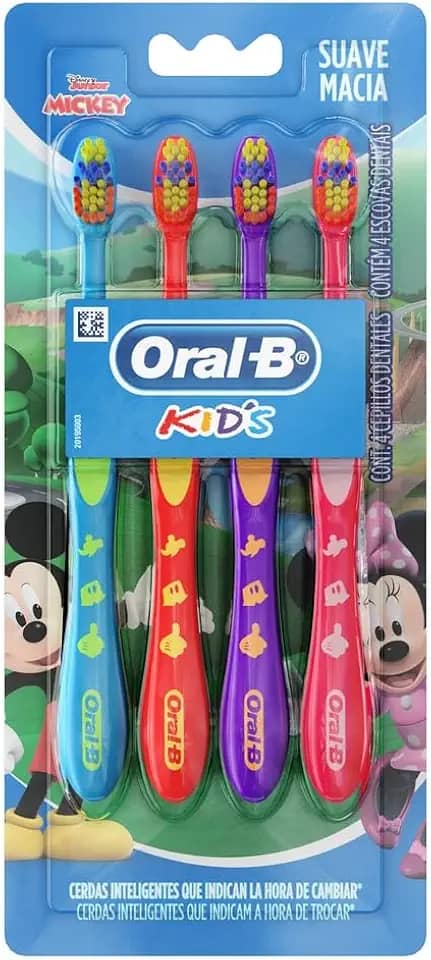 Oral B Kids, Escova de Dentes Infantil, Para uma Limpeza Completa, Cerdas Suaves, 4 Unidades, Multicolor