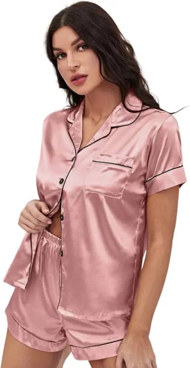 Pijama Feminino Baby Doll Cetim De Seda Botões E Bolso - Rosa