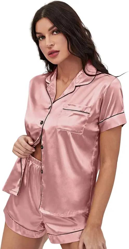 Pijama Feminino Baby Doll Cetim De Seda Botões E Bolso - Rosa