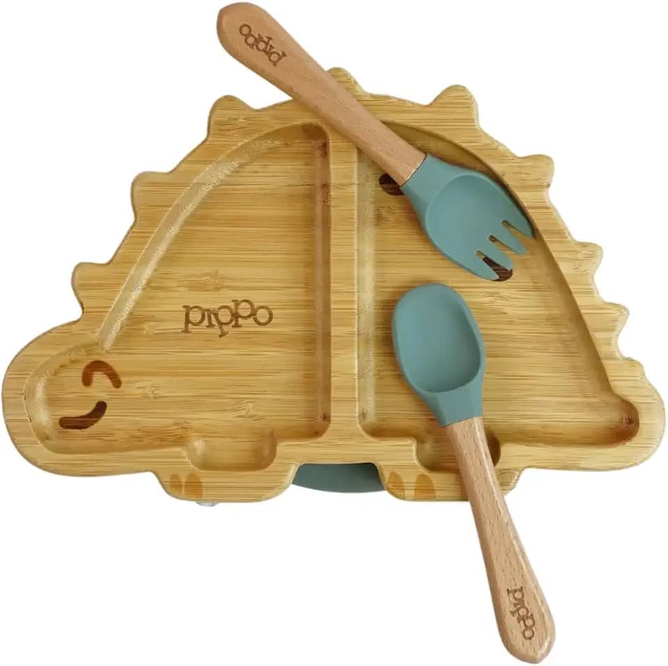 Kit Prato de Bambu Dino + Talheres em Bambu e Silicone Verde Escuro | Pippo