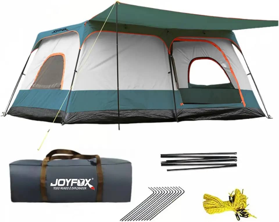 JOYFOX Barraca Grande para 8-12 Pessoas 380x260x195cm com 3 Portas, Toldo Frontal, Alta Ventilação e Estrutura Manual – Ideal para Camping em Família