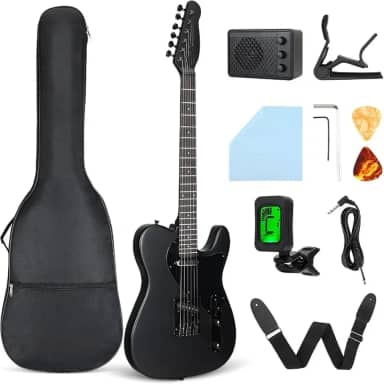 VEDO VD-TL1 Guitarra Elétrica 39 Polegadas para Iniciantes com Amplificador, Alça e Afinador - Corpo em Madeira de Álamo, Captadores Alnico e Kit Completo (Preto)