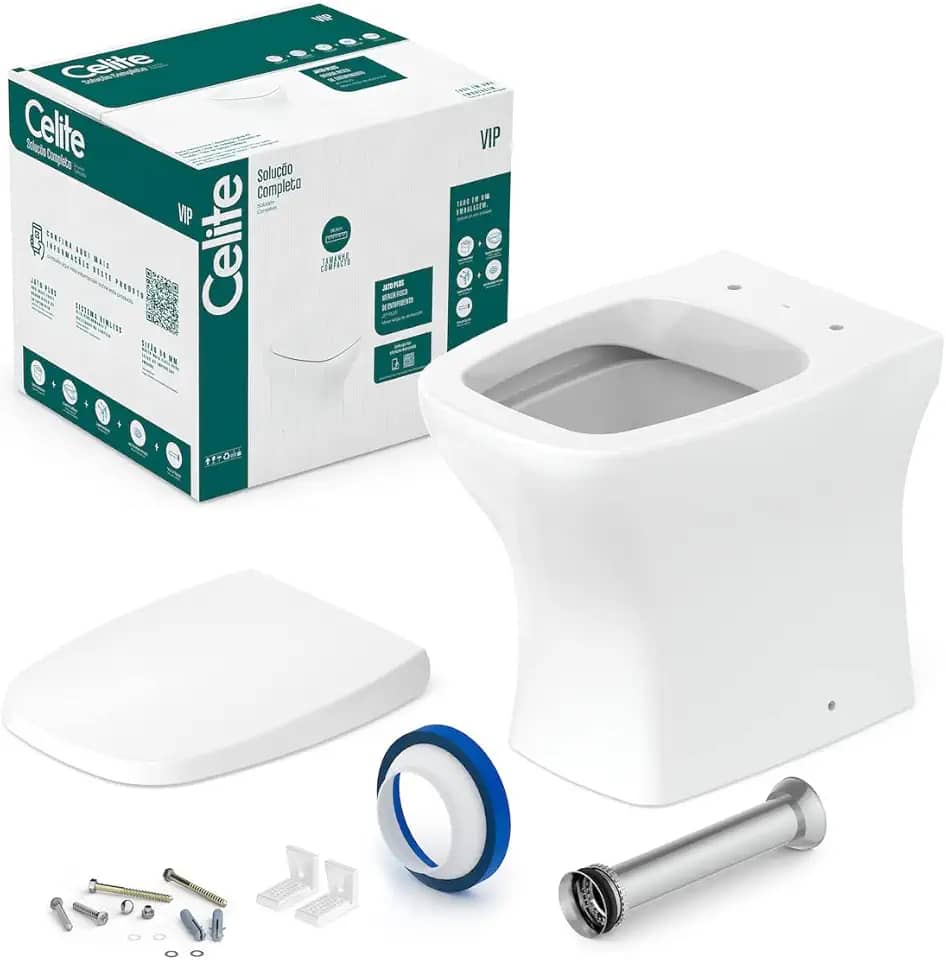 Celite, Kit de bacia convencional rimless com assento PP softclose e itens de instalação Vip, branco