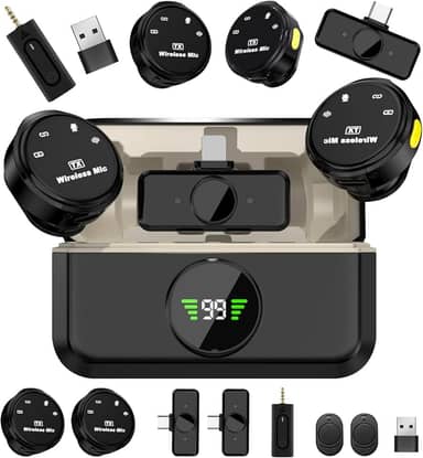 microfone de lapela sem fio de nível profissional, Microfone sem fio lapela(2TX+3RX), Três níveis de redução de ruído, Amplamente compatível com dispositivos de interface Tipo C e Lightning