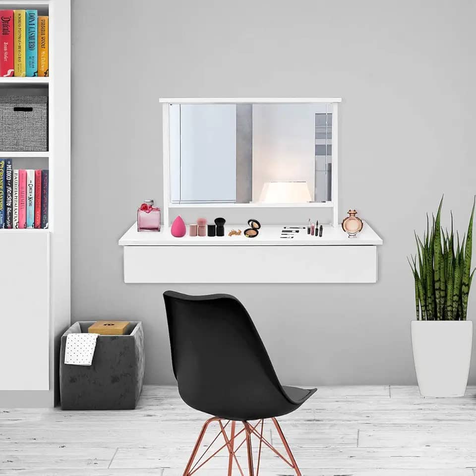 Penteadeira Camarim Suspensa Com Espelho 1 Gaveta Quarto Cor:Branco