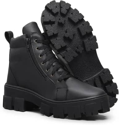 Bota Coturno Feminina Zíper Preta Salto Bloco Plataforma Tratorada Estilosa Confortável