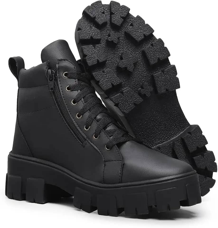 Bota Coturno Feminina Zíper Preta Salto Bloco Plataforma Tratorada Estilosa Confortável