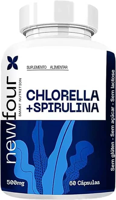 Chlorella + Spirulina NewFour 500mg – Suplemento de Algas Verdes para Energia, Imunidade e Bem-Estar – 60 Cápsulas – Proteína Vegetal, Rica em Antioxidantes – Sem Glúten, Açúcar ou Lactose
