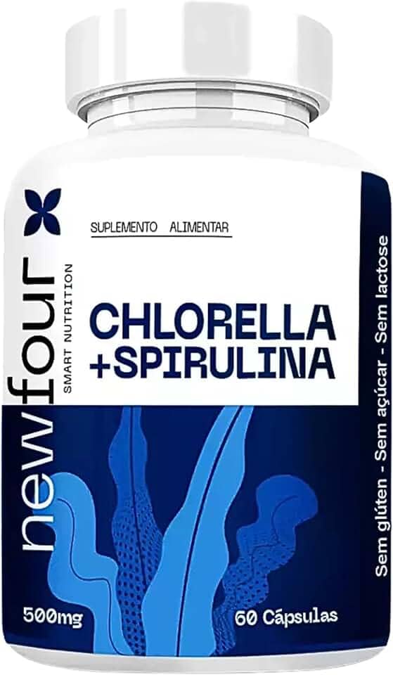 Chlorella + Spirulina NewFour 500mg – Suplemento de Algas Verdes para Energia, Imunidade e Bem-Estar – 60 Cápsulas – Proteína Vegetal, Rica em Antioxidantes – Sem Glúten, Açúcar ou Lactose
