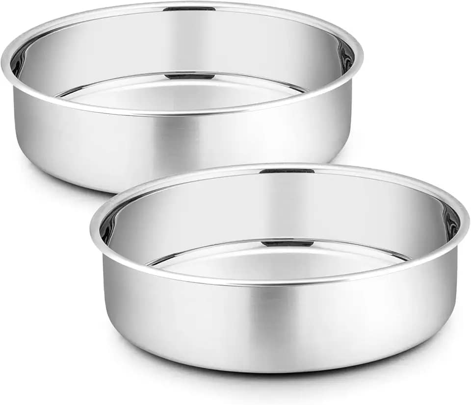 P&P CHEF Conjunto de formas de bolo de 20 cm, 2 peças de assadeira redonda de aço inoxidável para aniversário, casamento, resistente e não tóxico, polido e pode ser lavado na lava-louças