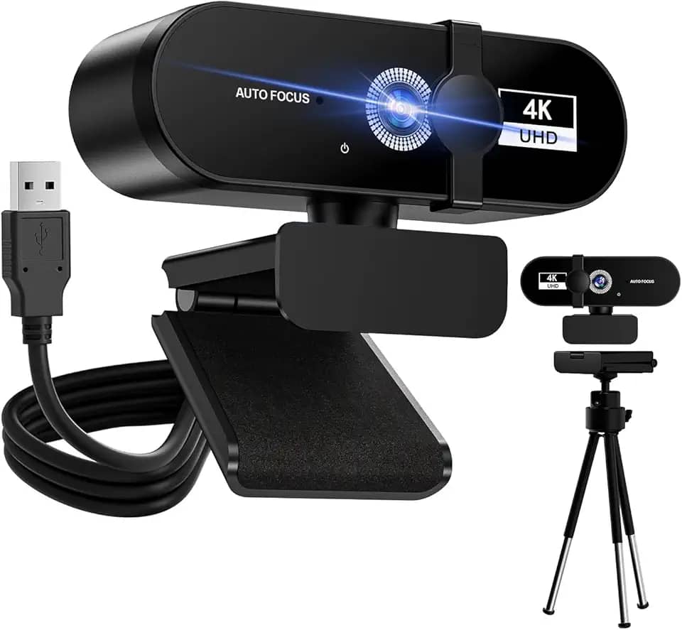 Webcam Full HD 4K para Notebook com Microfone — Plug & Play USB, Ângulo Ajustável 360°, Tripé Incluso + Proteção de Privacidade — Ideal para Home Office, Streaming e Videochamadas (4k)