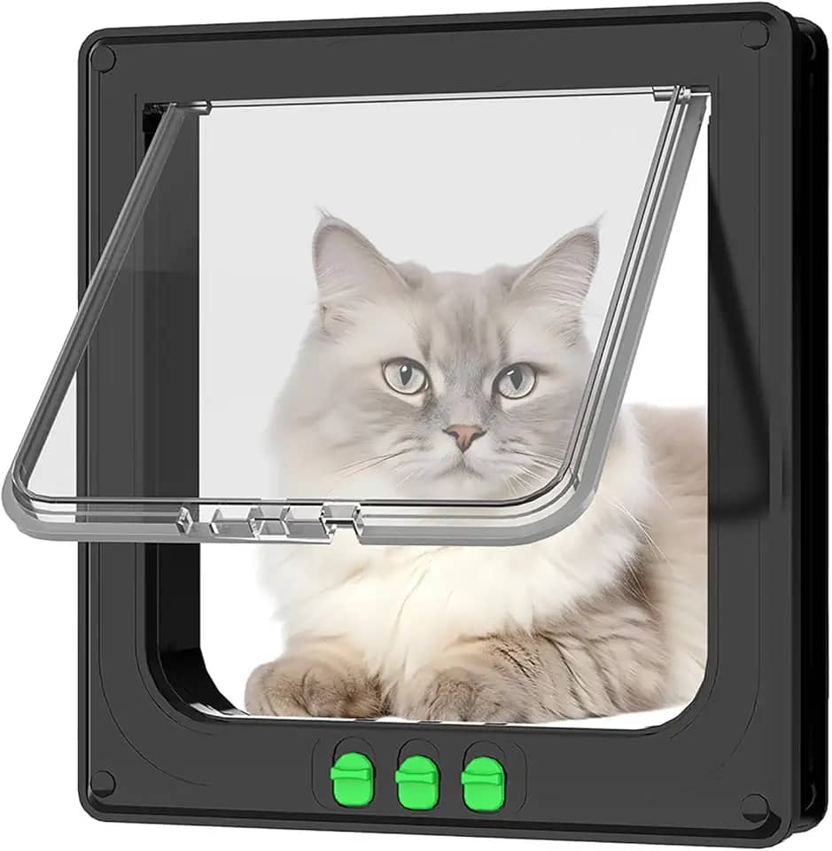 Porta Portinha Pet 28x25cm - Controle 4 sentidos, fechadura tripla automática, ABS antirruído e à prova d'água. Ideal para gatos e cães até 10kg, com janela transparente e instalação fácil (Preto)