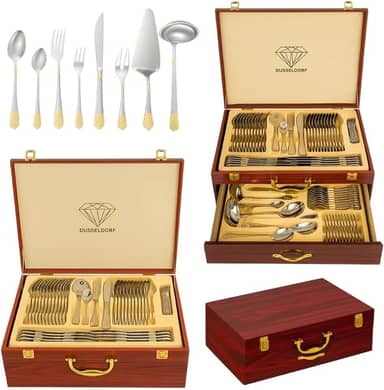 Faqueiro 84 Pçs Talheres Banhados A Ouro Maleta Madeira-Luxo Prata E Dourado Jogo De Facas