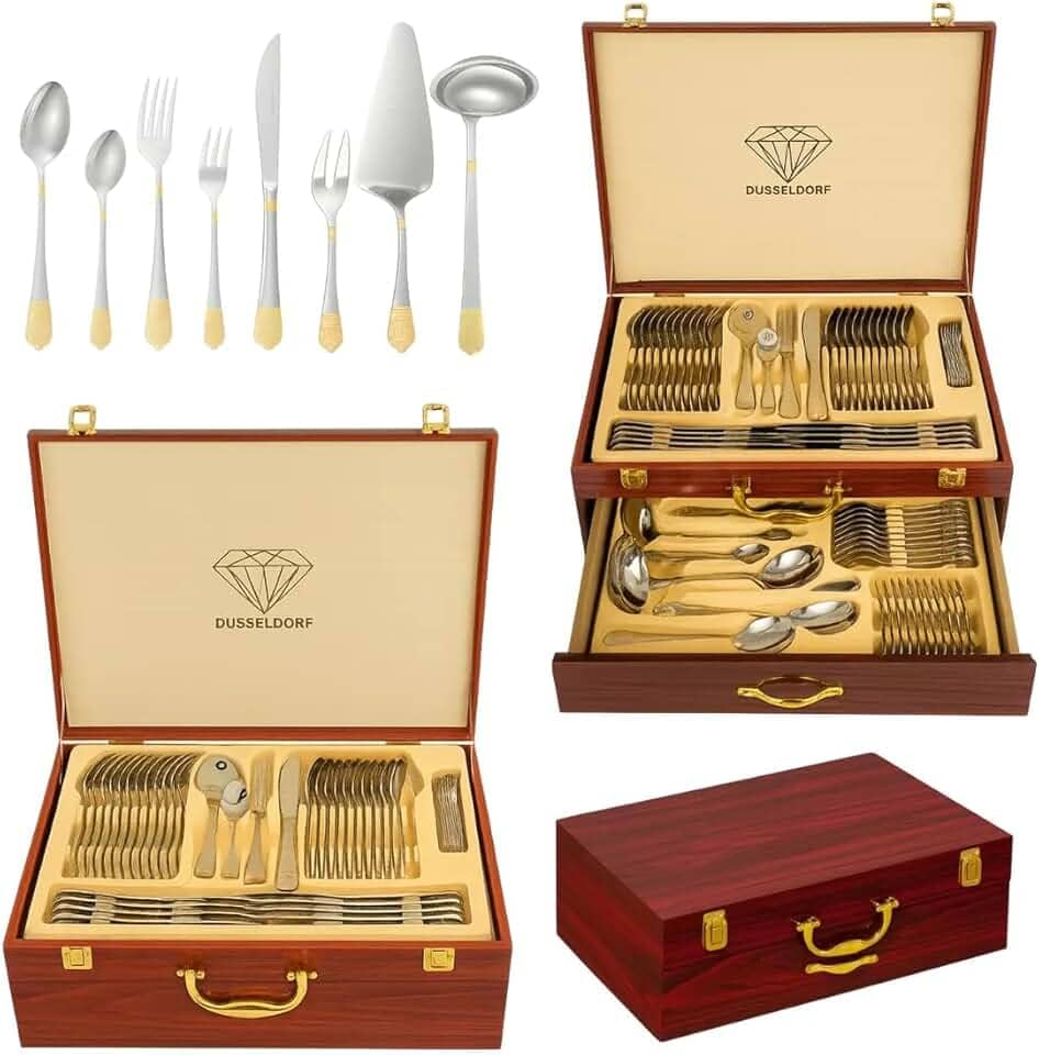 Faqueiro 84 Pçs Talheres Banhados A Ouro Maleta Madeira-Luxo Prata E Dourado Jogo De Facas