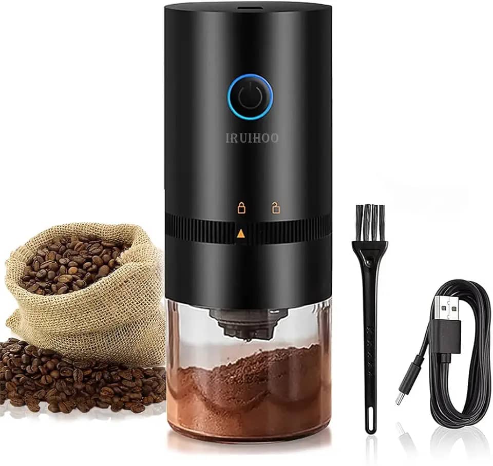 Moedor de café elétrico portátil, Iruihoo 4 xícaras pequeno moedor cônico automático moedor de grãos de café com configuração multi moagem para espresso gotejamento despeje sobre prensa francesa, USB recarregável (Preto)