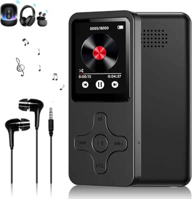 MP3 MP4 Player Portátil com Bluetooth, Tela Tátil de 4 cm, Rádio FM, Gravador de Voz, Fones de Ouvido Incluídos, Preto