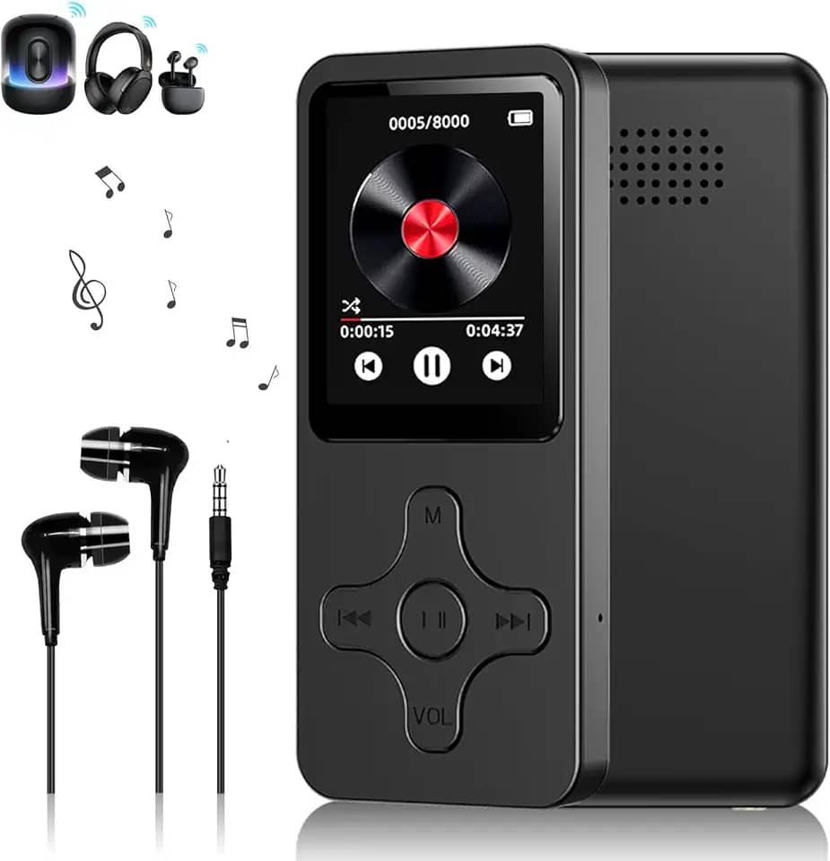 MP3 MP4 Player Portátil com Bluetooth, Tela Tátil de 4 cm, Rádio FM, Gravador de Voz, Fones de Ouvido Incluídos, Preto