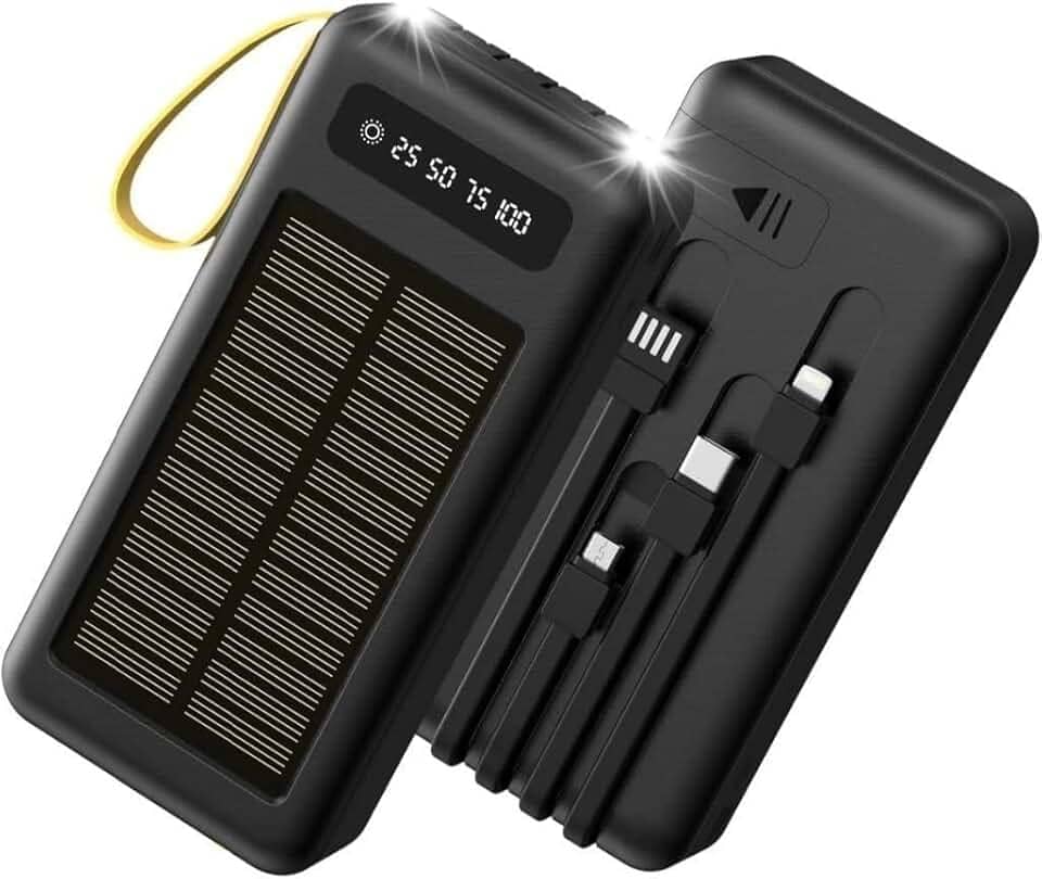Carregador Portátil Power Bank Solar 20.000mah Com cabos 5 Em1 LED lanterna - Preto