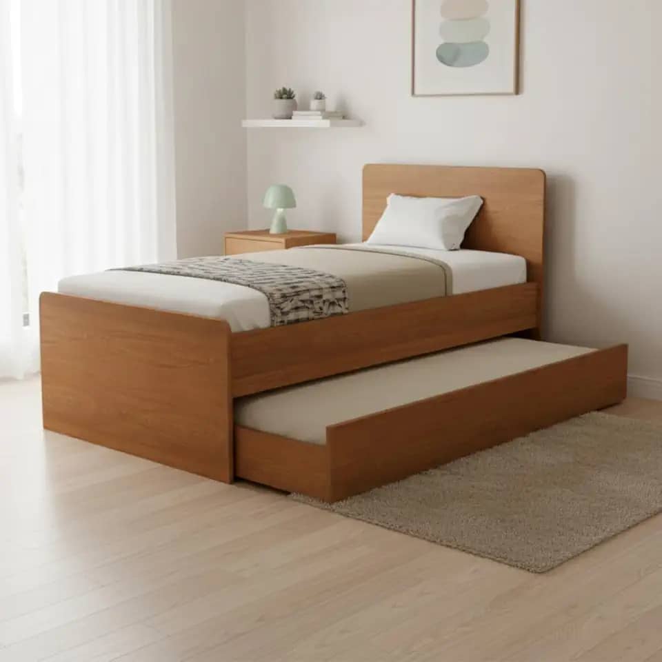 Cama Solteiro com Bicama Auxiliar Deslizante em MDF Premium, Estrutura Robusta e Design Elegante para o Seu Quarto (Cerejeira)