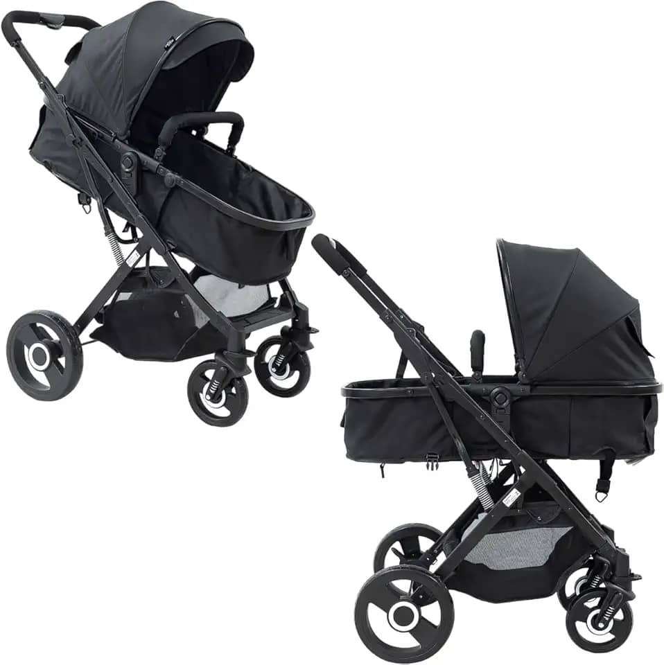 Carrinho de Bebê Passeio Reversível Moisés 2 em 1 Baby Style Magnus 15Kg Compacto Confortável Ajustável Capota Cesto 4 Rodas Preto