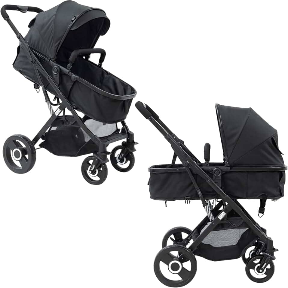 Carrinho de Bebê Passeio Reversível Moisés 2 em 1 Baby Style Magnus 15Kg Compacto Confortável Ajustável Capota Cesto 4 Rodas Preto