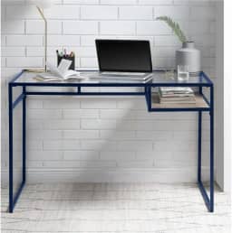 Mesa de computador de vidro com armazenamento para quarto azul e vidro 122 cm C x 61 cm L x 78 cm A