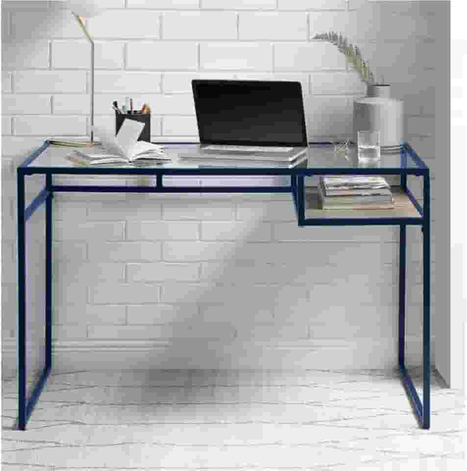 Mesa de computador de vidro com armazenamento para quarto azul e vidro 122 cm C x 61 cm L x 78 cm A