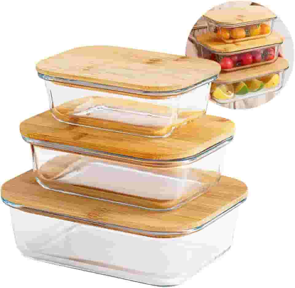Kit 3 Travessas Refratárias Assadeira Herméticas De Vidro Com Tampa de Bambu e Vedação de Silicone - 370ml - 640ml - 1040ml - Seguro para micro-ondas, forno, freezer e lava-louças, sem BPA