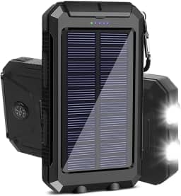 Carregador Solar Portátil Power Bank, 10000mAh, Preto, IP4 à Prova d'Água, Lanterna LED Dupla, Bússola, Carregamento Rápido USB 5V/2A, para Camping e Aventura