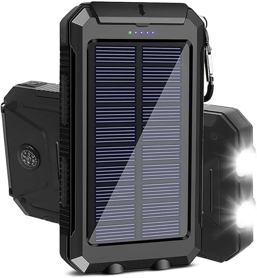 Power Bank Solar Portátil, 10000mAh, Preto, Carregamento Rápido, Bateria Solar com LED, USB Duplo, Resistente à Água IP4, para Smartphones e Dispositivos USB (Preto)