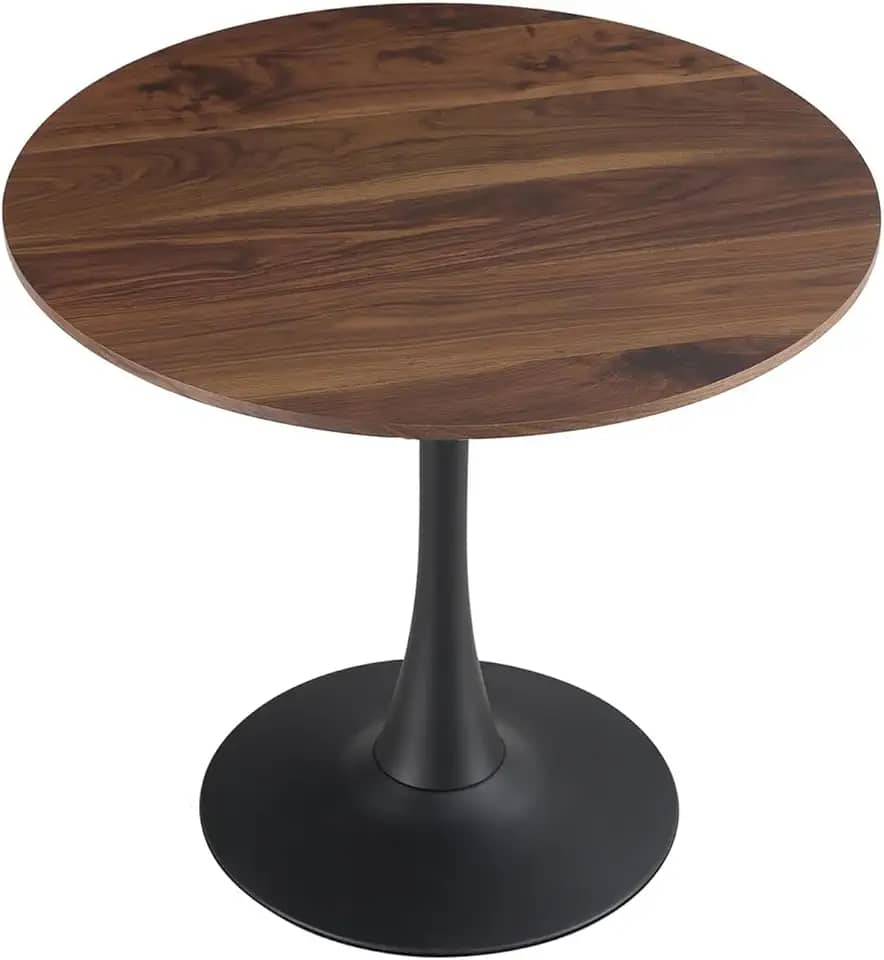 HYYTEIBL Mesa de jantar de tulipa redonda de 59,4 cm para 2 a 4 pessoas com tampo de nogueira e base de pedestal de metal preto, mesa pequena moderna de meados do século para cozinha, sala de estar