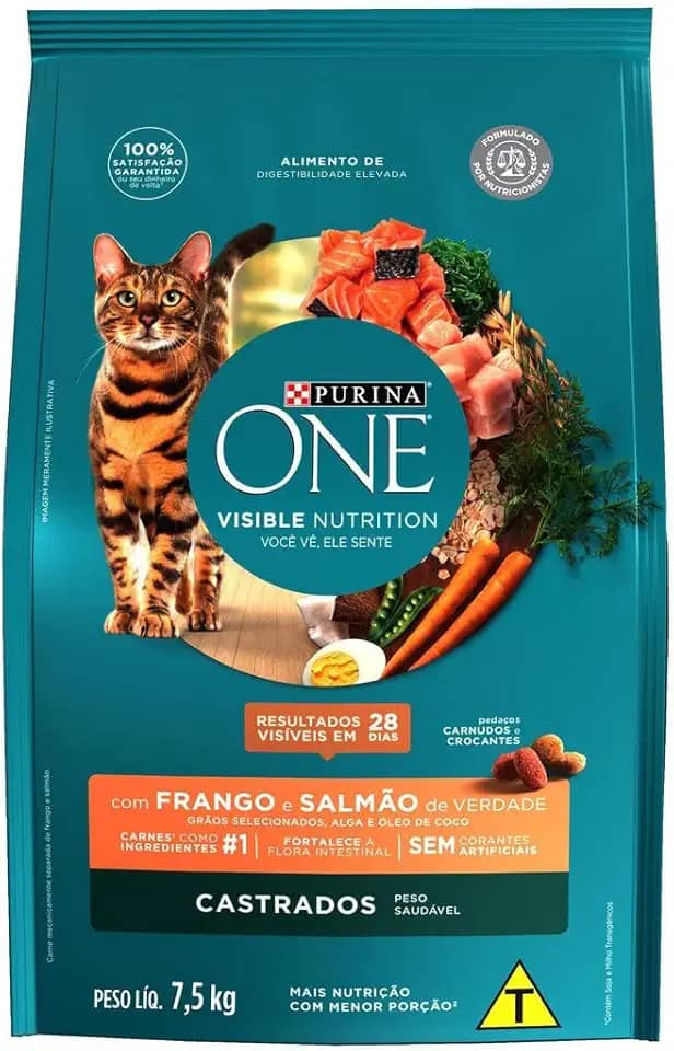 Purina One - Ração para Gatos Adultos Castrados, Frango e Salmão, 7,5kg