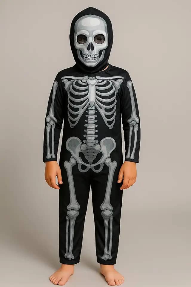 Fantasia Infantil Esqueleto Caveira Criança Halloween Unissex Roupa Mascara Luxo