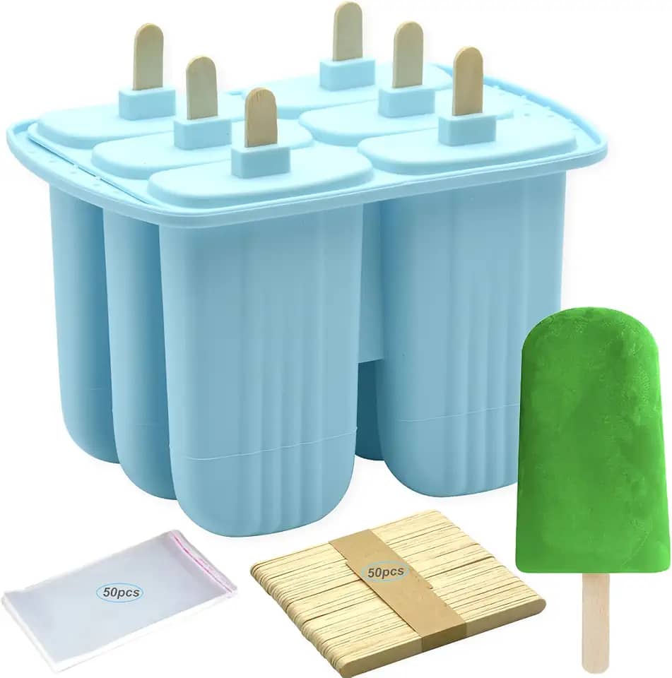 Bangp Moldes de picolé 6 peças, moldes de silicone para picolé, sem BPA, máquina de picolé caseiro, reutilizável de liberação fácil para crianças, com 50 palitos de picolé e 50 sacos de picolé (azul)