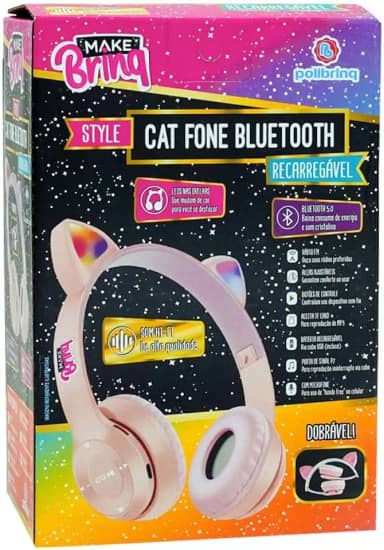 Polibrinq, Fone de Ouvido Bluetooth MakeBrinq Cat com LED e Microfone