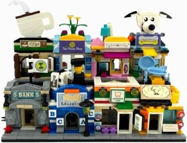 Kit de Blocos de Montar Cidade com 8 Estabelecimentos Conjunto Miniatura com Café Floricultura Banco Pet Shop Brinquedo Educativo de Construção