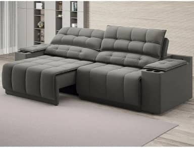 Sofá com Usb Retrátil e Reclinável Samurai Cinza 2,50m