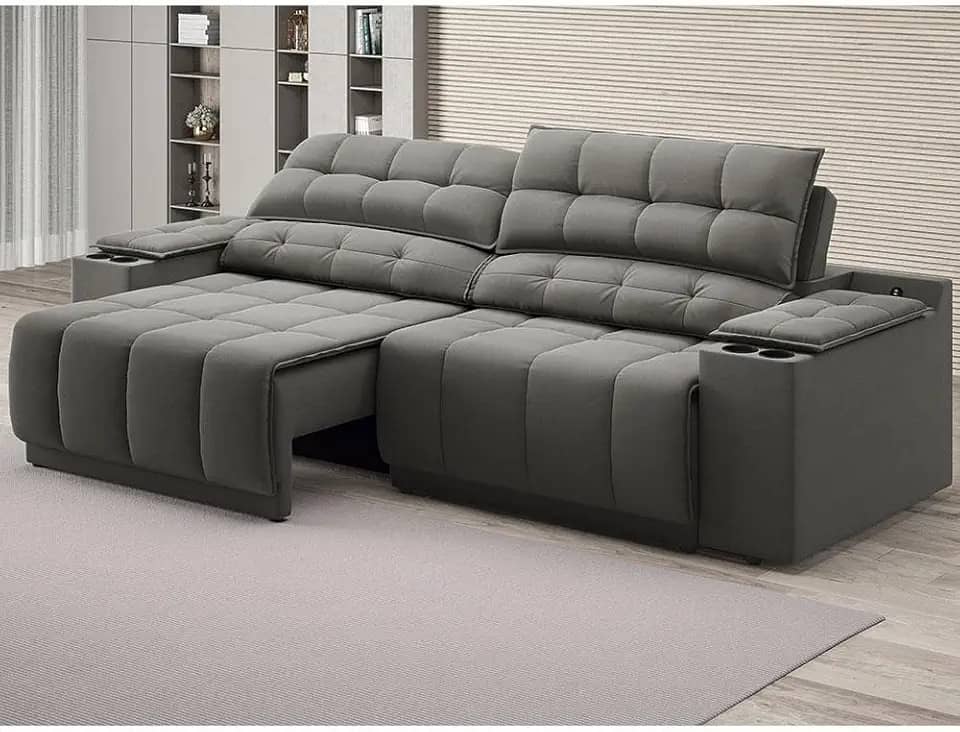 Sofá com Usb Retrátil e Reclinável Samurai Cinza 2,50m