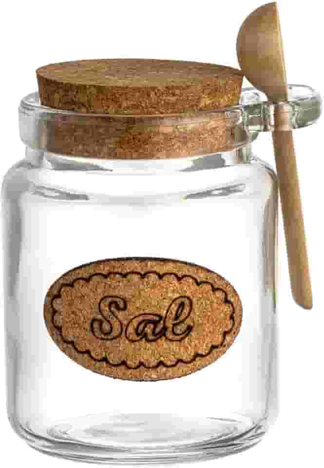 Saleiro Pote Porta Sal Vidro Grosso Hermético Colher Bambu Tampa Rolha Cortiça 250ml