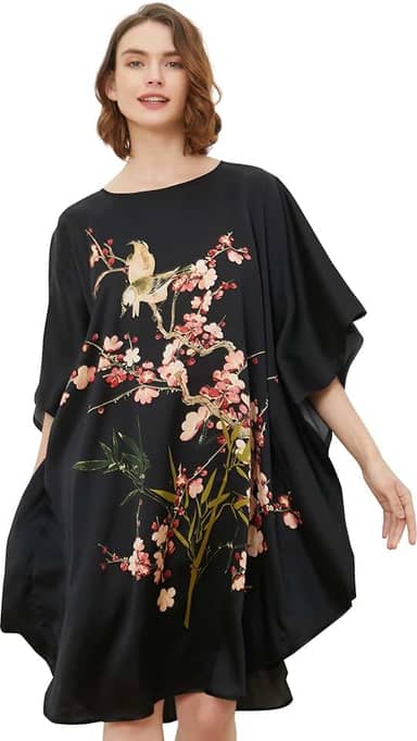 – Camisola feminina 100% seda curta com manga morcego e manga morcego, pijama para dormir, Preto, Free size