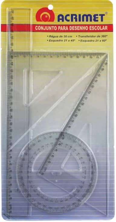 Conjunto para Desenho, Acrimet, 562.0, Régua de 30cm + Transferidor 360° + Esquadro Isósceles 45° de 21cm + Esquadro Escaleno 60° de 21cm, Multicor